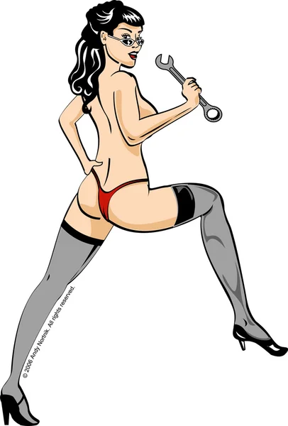 Σέξι τόπλες μελαχρινή γυναίκα που κρατά ένα γαλλικό κλειδί — Διανυσματικό Αρχείο