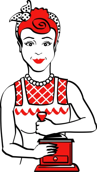 Belle femme au foyer aux cheveux rouges face à l'avant et souriant tout en utilisant un moulin à café manuel — Image vectorielle