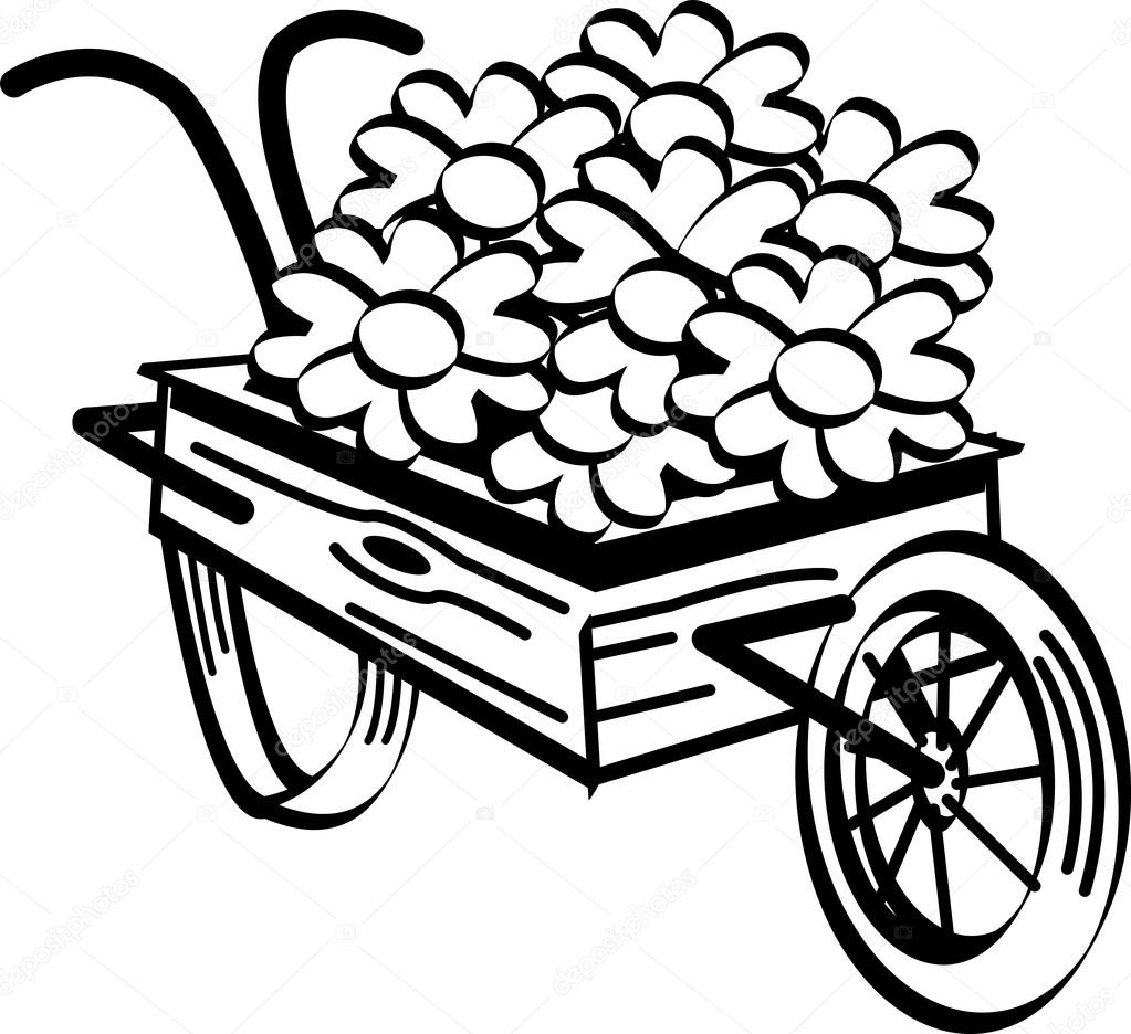 Old fashioned wooden wheelbarrow with pretty daisy flowers — Stock