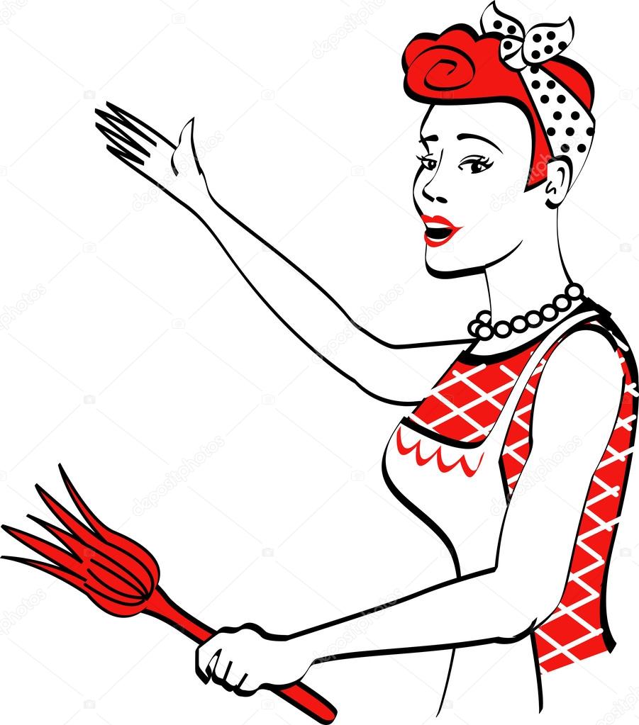 Happy red haired housewife or maid woman wearing an apron while singing and dancing and using a feather duster