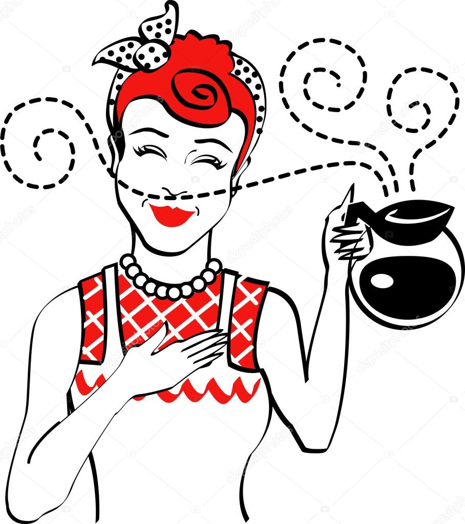 Red haired housewife holding a coffee pot