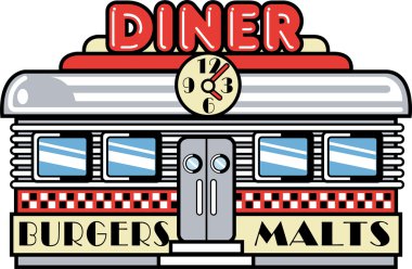 Retro diner building with a clock on it and signs advertising burgers and malts clipart