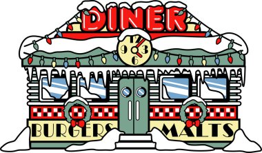 retro diner ve reklam Burger ve malts işaretleri üzerinde saat ile bir bina