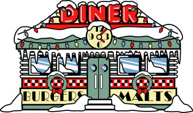 Retro diner building with a clock on it and signs advertising burgers and malts clipart