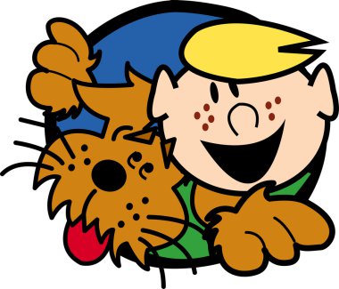Happy freckled blond boy in a hole with his dog clipart