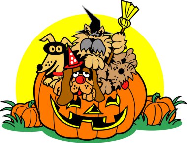 Dogs piled inside a Halloween pumpkin clipart