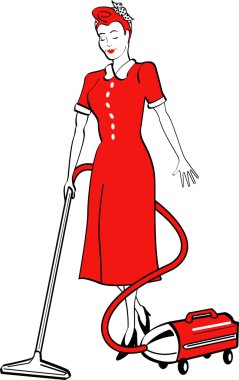 Housewife using a canister vacuum to clean the floors clipart