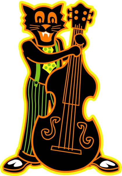 Black cat playing a bass fiddle in a band — Stock Vector