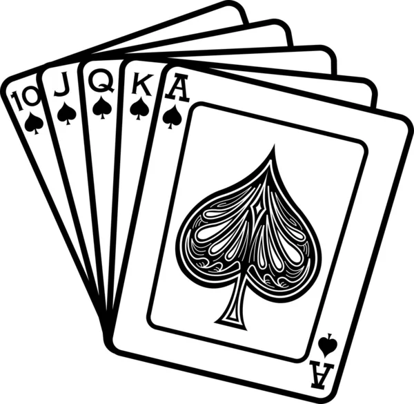 Mano de cartas mostrando un 10, jota, reina, rey y as de picas — Vector de stock