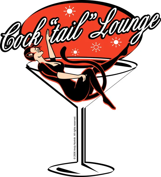 Donna in costume da gatto sdraiata in un bicchiere da martini gigante in una sala cocktail — Vettoriale Stock