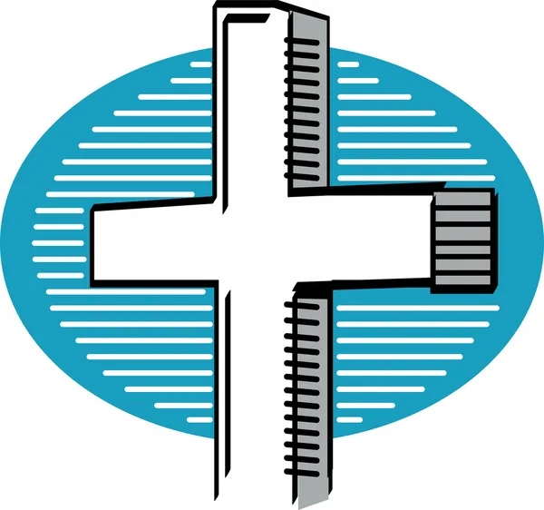 Crucifixo branco sobre um fundo círculo azul e branco — Vetor de Stock