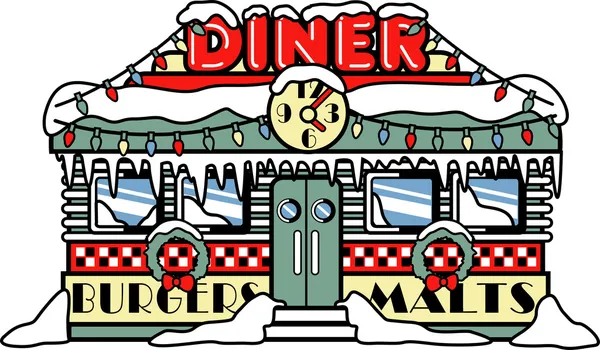 Retro-Diner-Gebäude mit einer Uhr darauf und Werbeschildern für Burger und Malz — Stockvektor