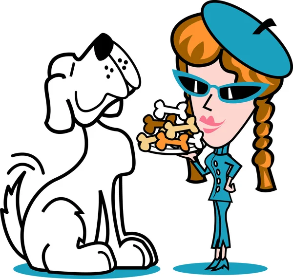 Spoiled big white dog waiting as a woman serves him a tray of dog bone biscuits — Stock Vector