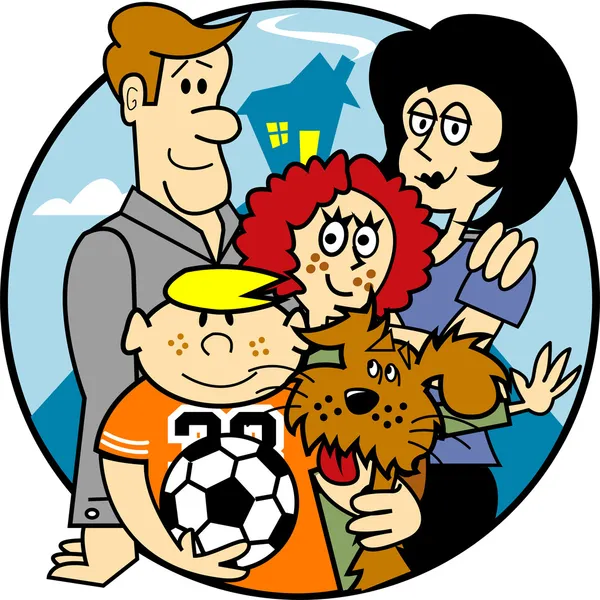 Familia feliz de cuatro con un perro y una pelota de fútbol — Archivo Imágenes Vectoriales