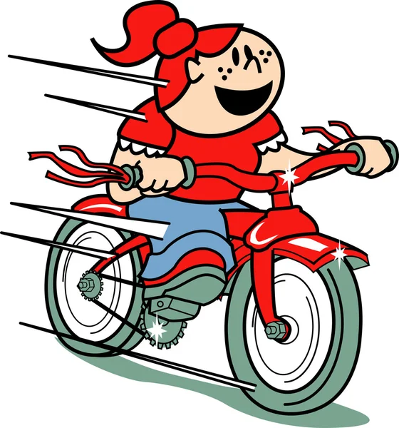 Happy red haired girl speeding downhill on her brand new red bike — Stock Vector