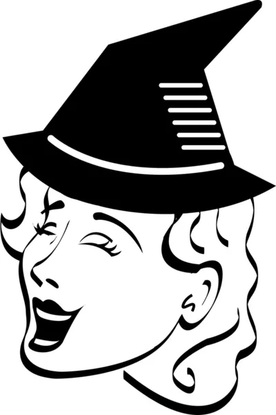Pretty ξανθό γυναίκα τραγουδώντας και φορώντας ένα καπέλο μυτερό μαύρο μάγισσα στις Απόκριες — Διανυσματικό Αρχείο