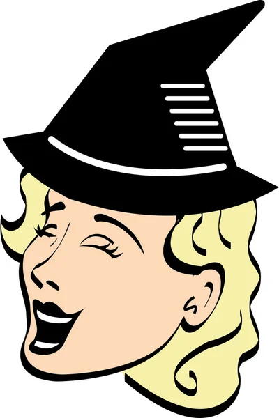 Pretty blond woman singing and wearing a pointy black witch hat on Halloween — Stock Vector