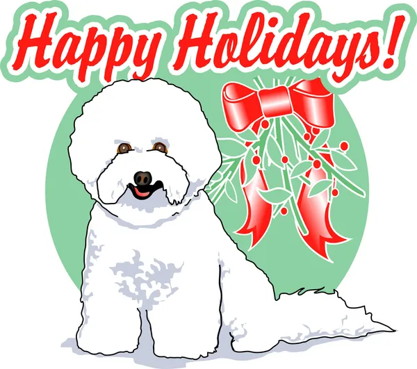 Niedliche weiße bichon frise Hund sitzt mit Text Lesen frohe Feiertage! — Stockvektor