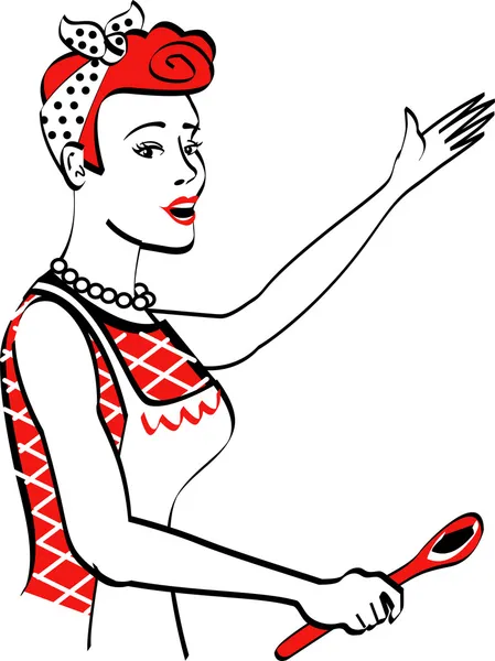 Счастливая рыжая домохозяйка или горничная в фартуке, поющая и использующая ложку во время выпечки на кухне — стоковый вектор