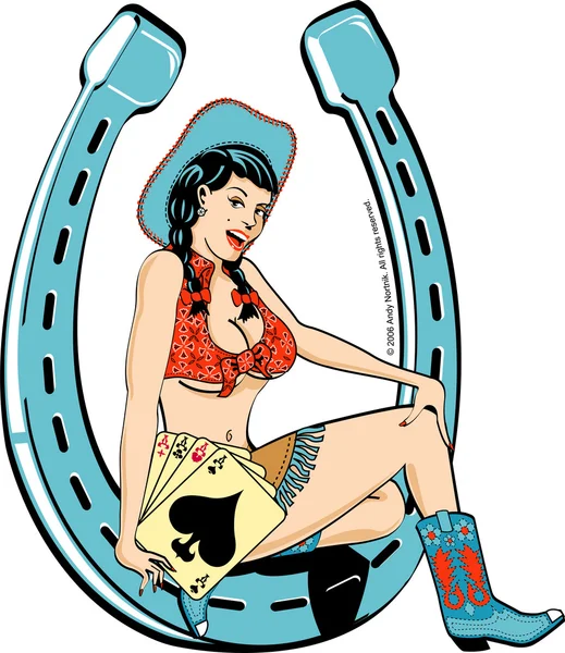 Sexy brunette cowgirl in a halter top and mini skirt, sitting in a horseshoe and holding playing cards — Stock Vector