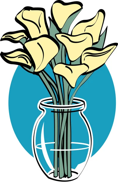 Bunch of cream calla lilies in a clear glass vase over a blue oval on Easter — Stock Vector