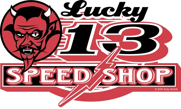 Red horned devil man on a Lucky 13 Speed Shop advertisement — Stock Vector