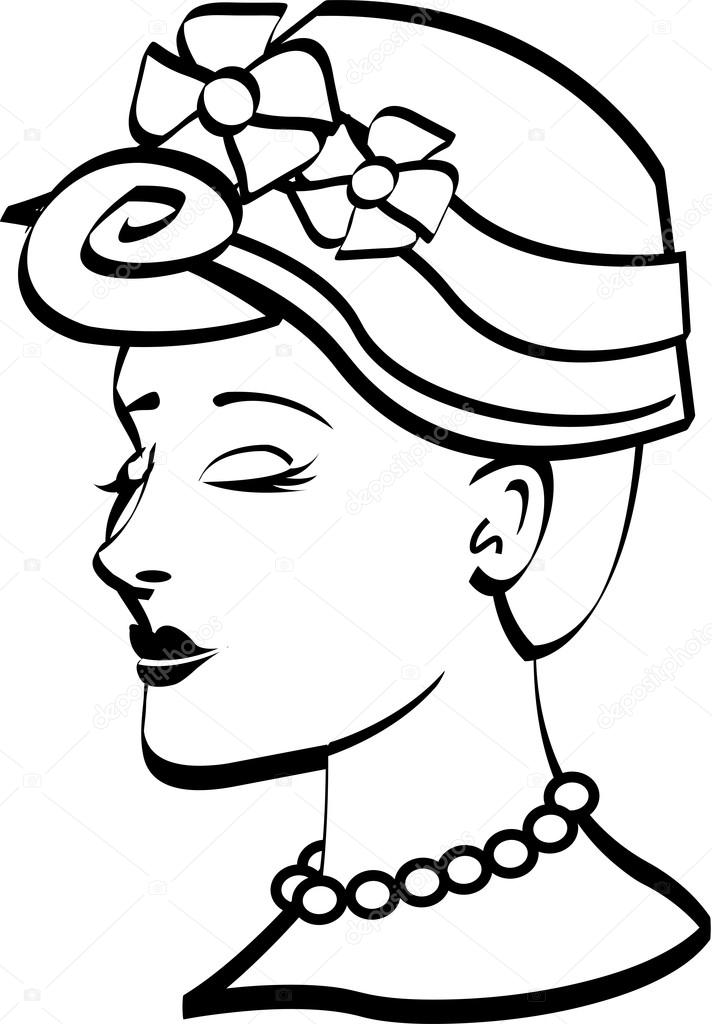 Pretty young woman wearing a hat with flowers and a pearl necklace