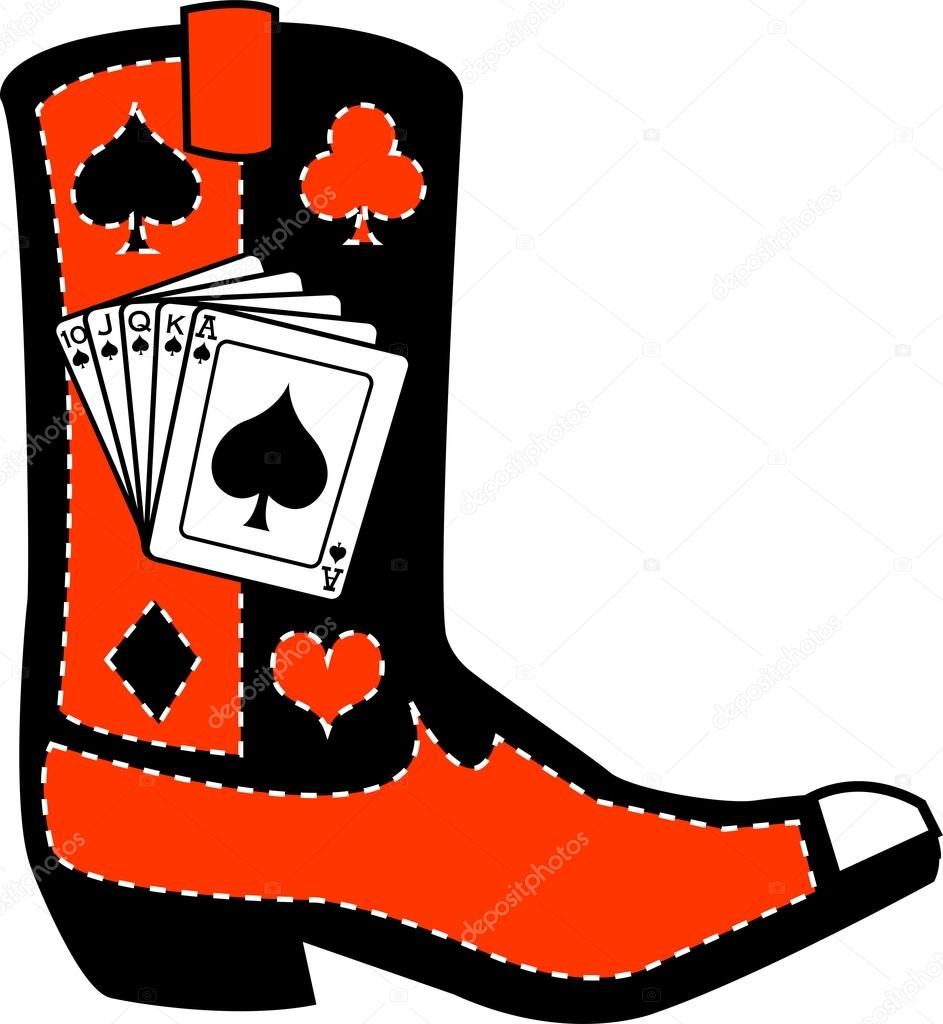 Black and red cowboy boot with playing cards and silhouettes of a spade, club, diamond and heart