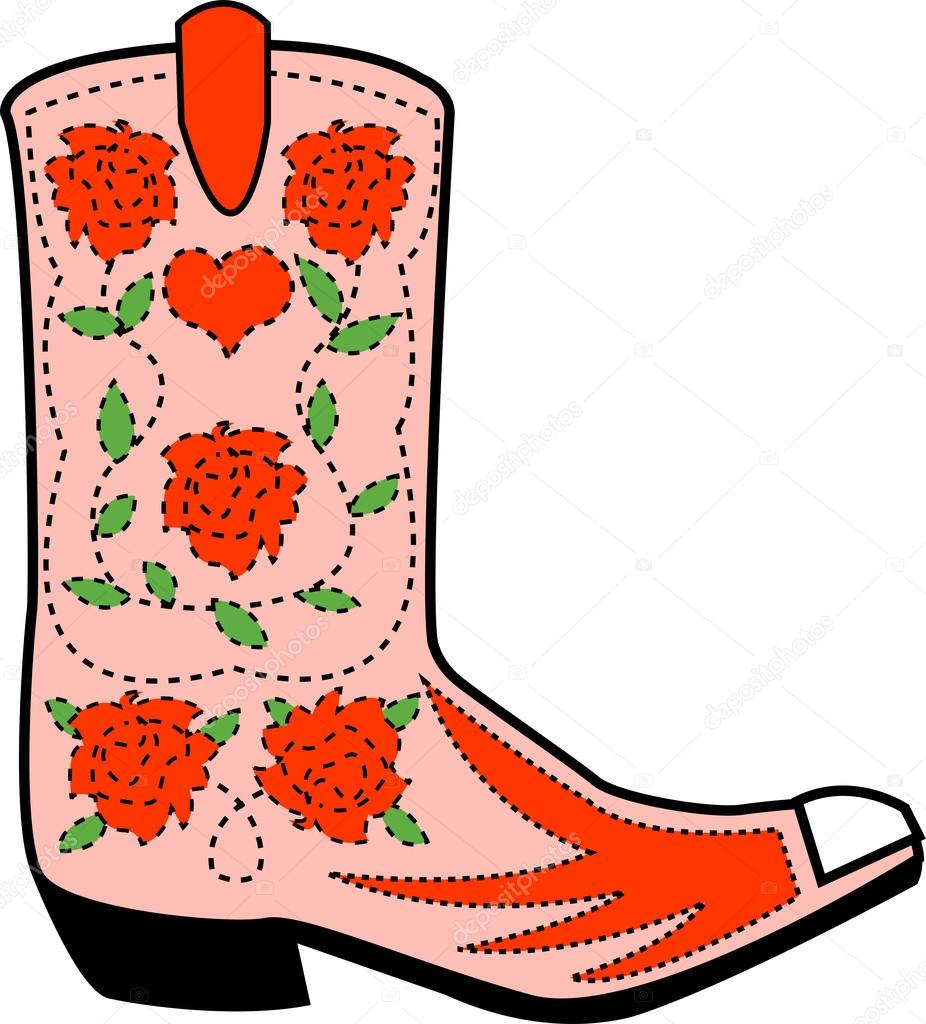 Pink cowgirl boot with a pattern of red roses