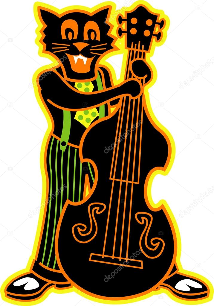 Black cat playing a bass fiddle in a band