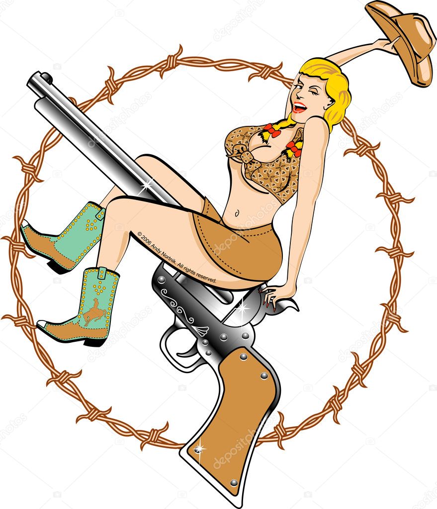 Sexy blond woman in a short halter top and short mini skirt, wearing cowboy boots and holding up her hat while riding a pistil, surrounded by barbed wire