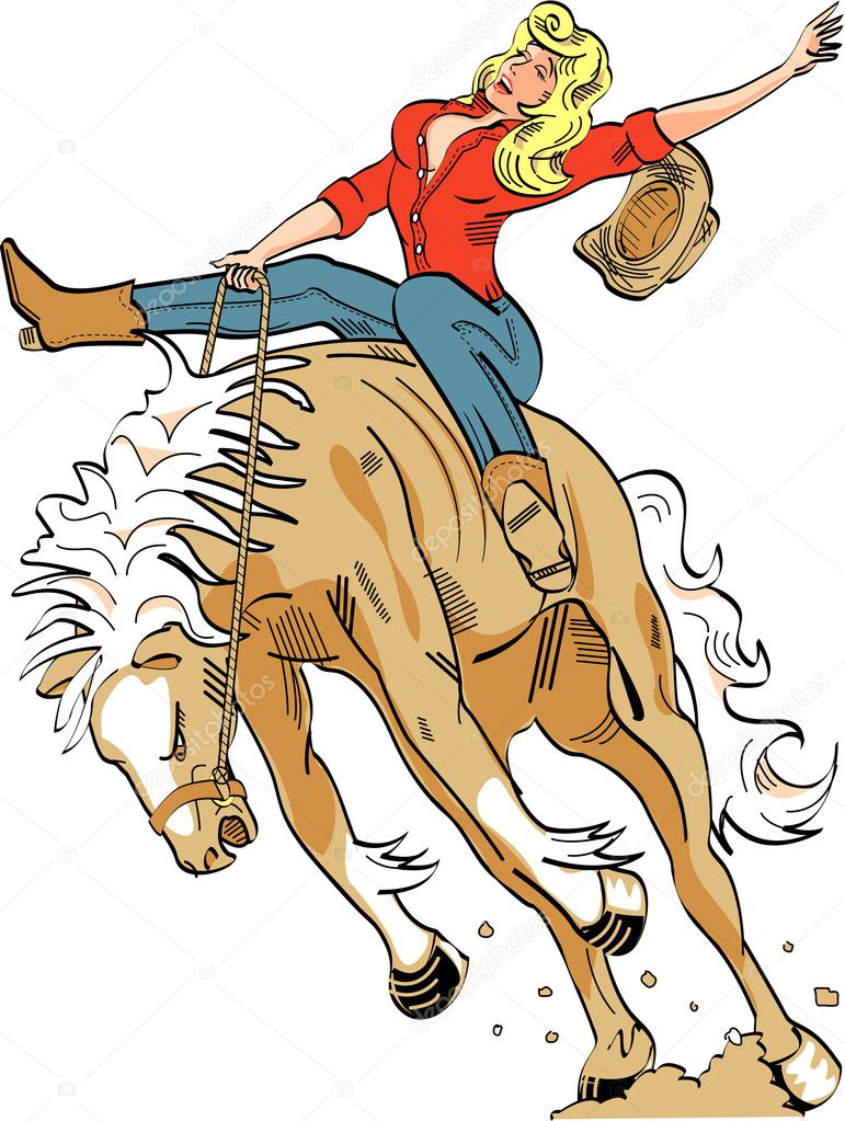 Sexy blond cowgirl in a red shirt, riding a bucking bronco in a rodeo