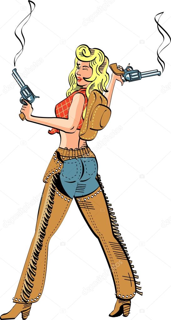 Attractive blonde cowgirl wearing blue jeans and chaps, holding two smoking pistils after shooting guns