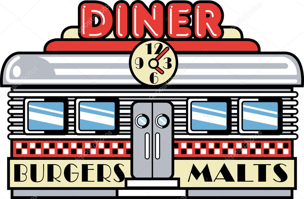 Retro diner building with a clock on it and signs advertising burgers and malts