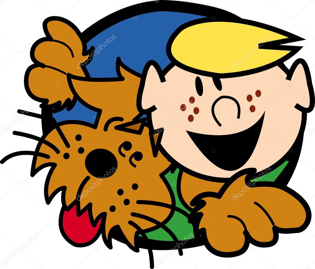 Happy freckled blond boy in a hole with his dog