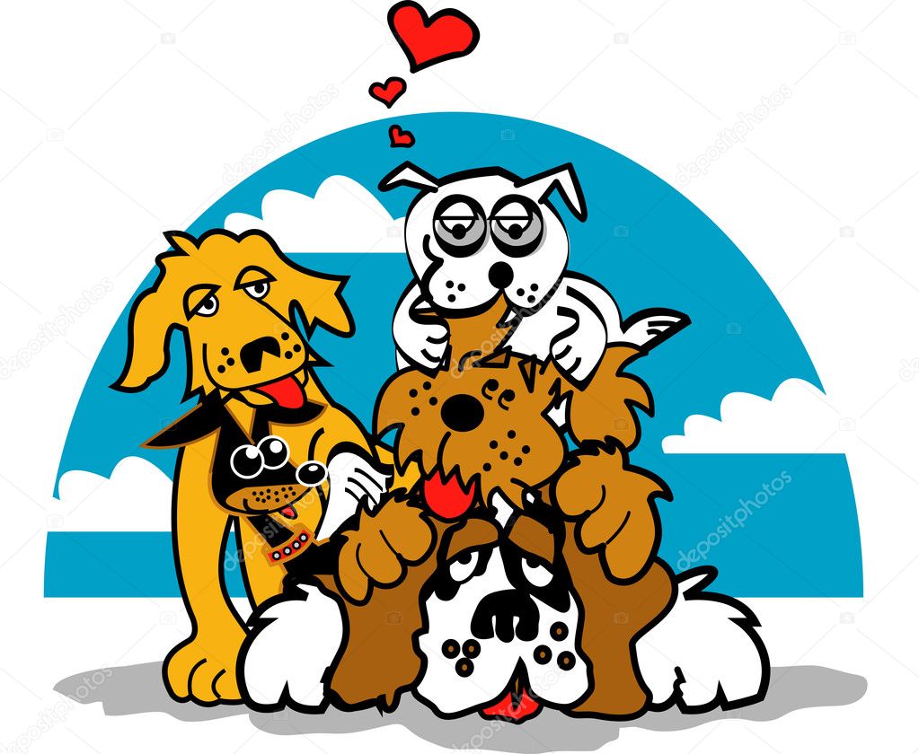 Friendly dogs piling on top of a Saint Bernard