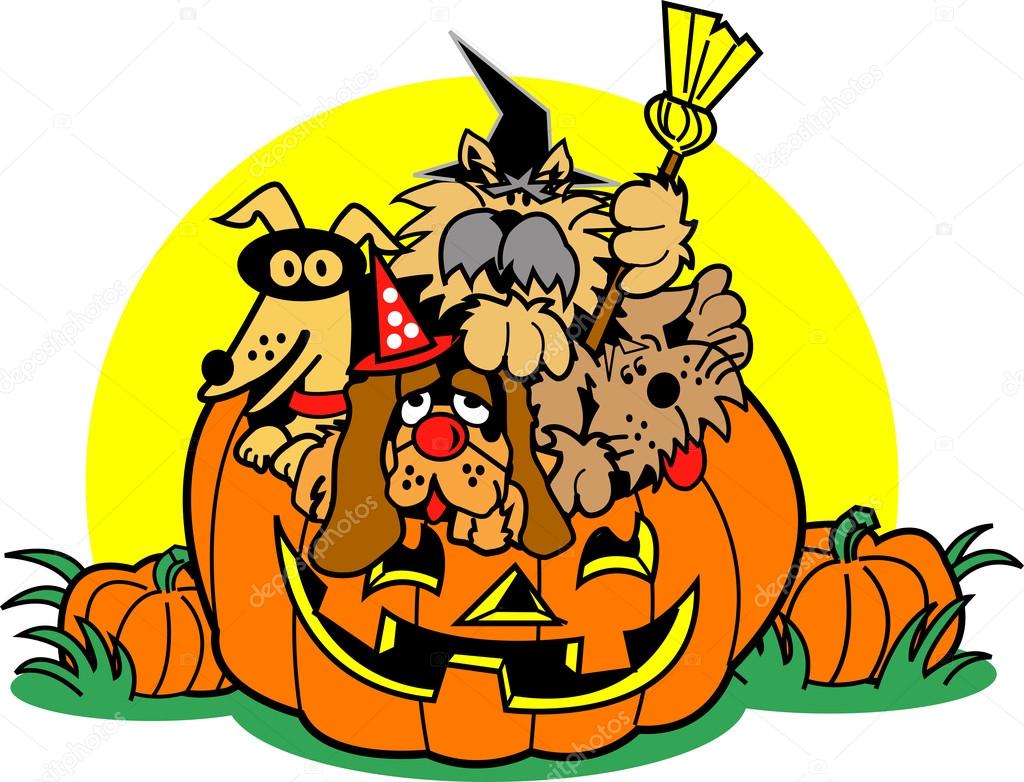 Dogs piled inside a Halloween pumpkin