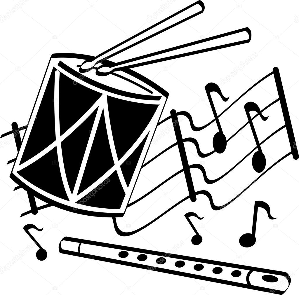 Black and white retro styled music clipart picture of drumsticks on a drum and flute over musical notes