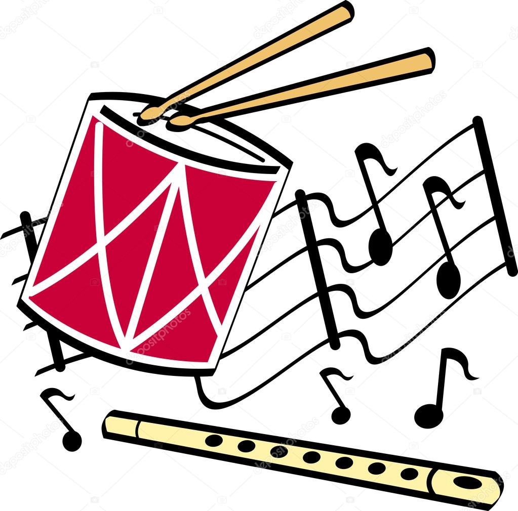 Yellow drumstics playing a drum and a flute — Stock Vector © ClipArtGuy