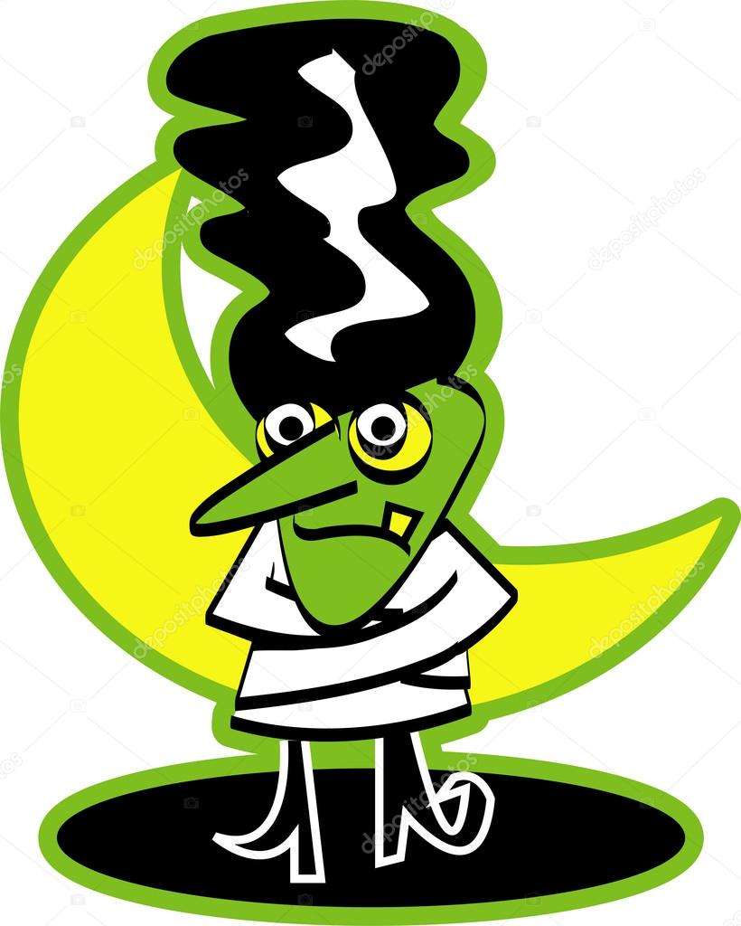 Bride of Frankenstein standing in front of a crescent moon and wearing a straitjacket