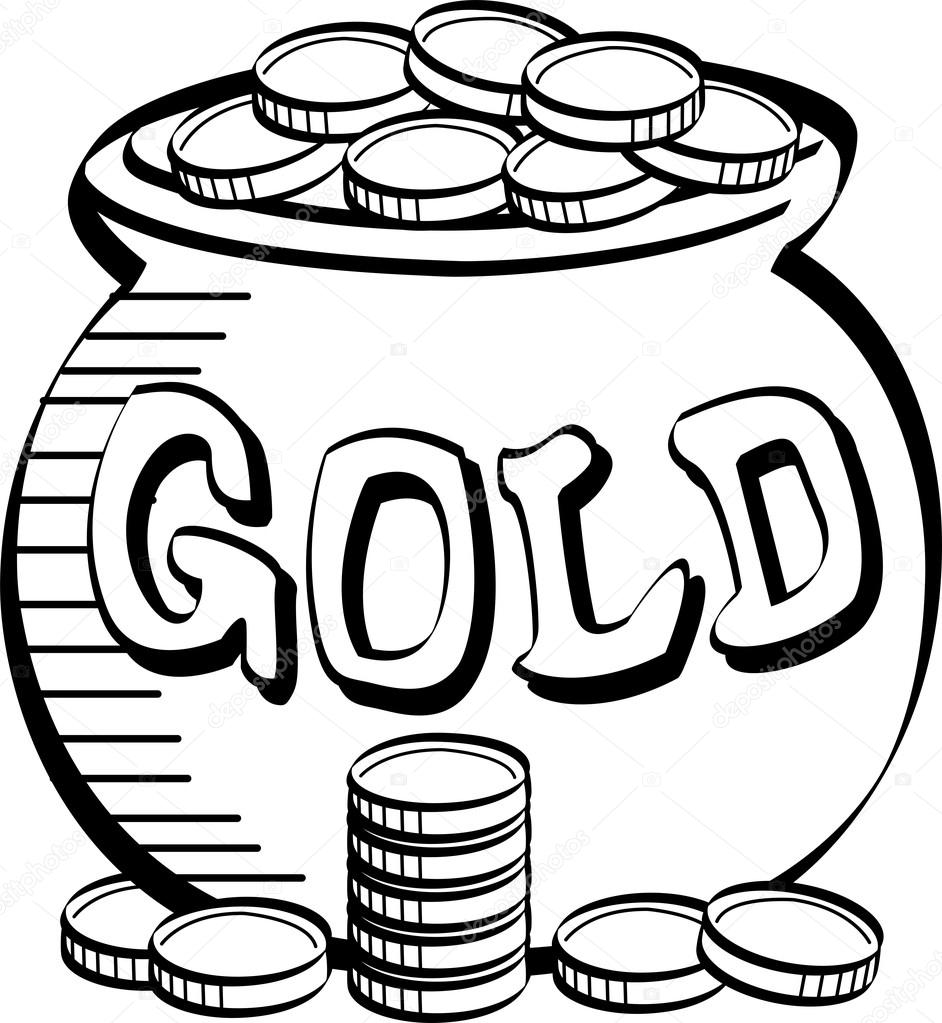 Stack of coins near a pot of leprechauns gold