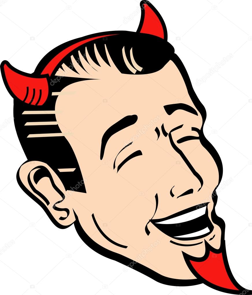 Man wearing devil horns and a goatee and laughing