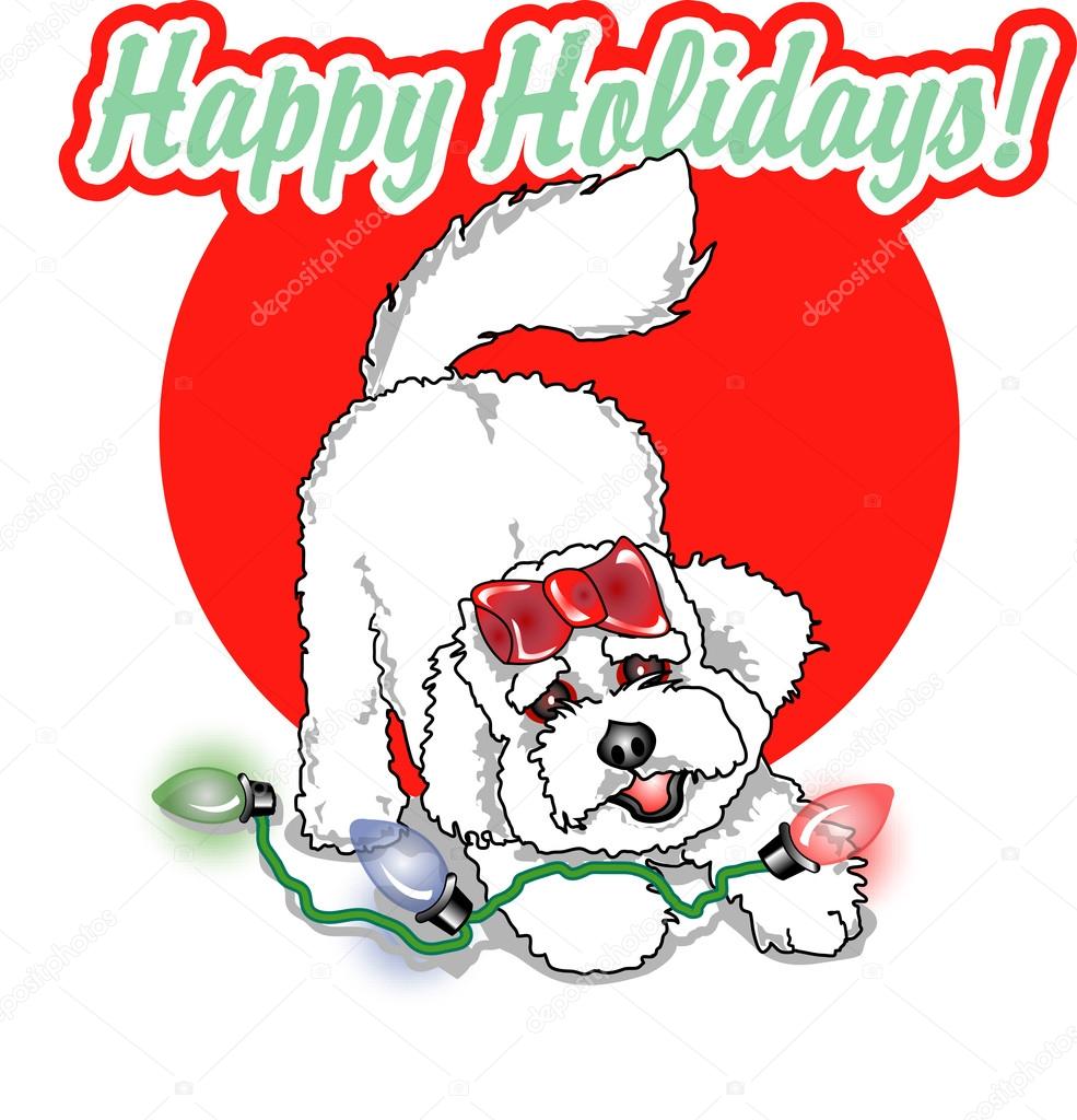 Cute white Bichon Frise dog sitting with text reading Happy Holidays!