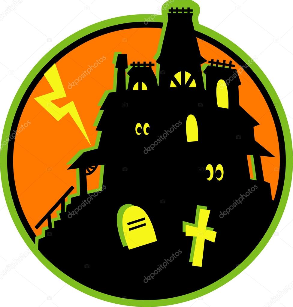 Glowing eyes peeking out from windows in a silhouetted haunted house against an orange sky with lightning and graves in the foreground