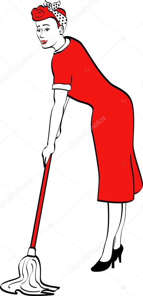 Housewife using a mop to clean the floors