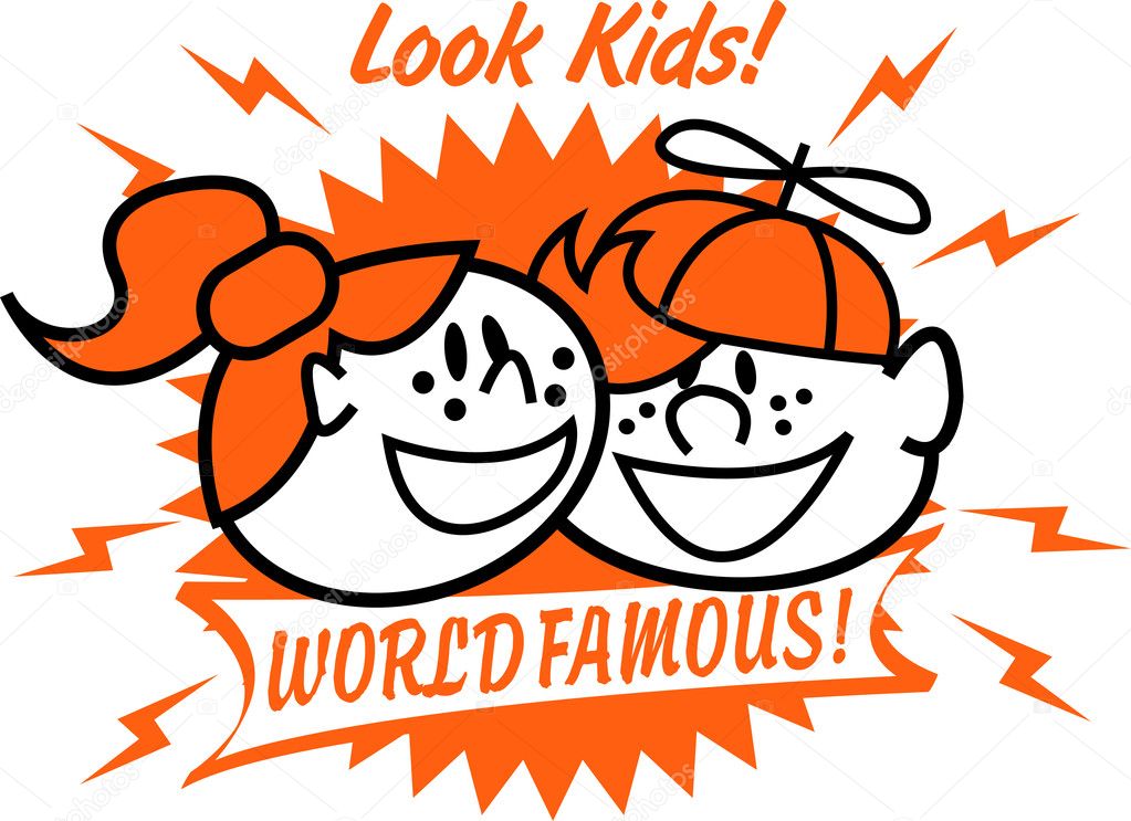 Two happy freckled red haired kids, one boy and one girl, smiling with text reading Look Kids! World Famous!