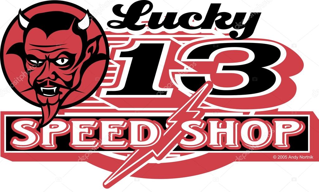 Red horned devil man on a Lucky 13 Speed Shop advertisement