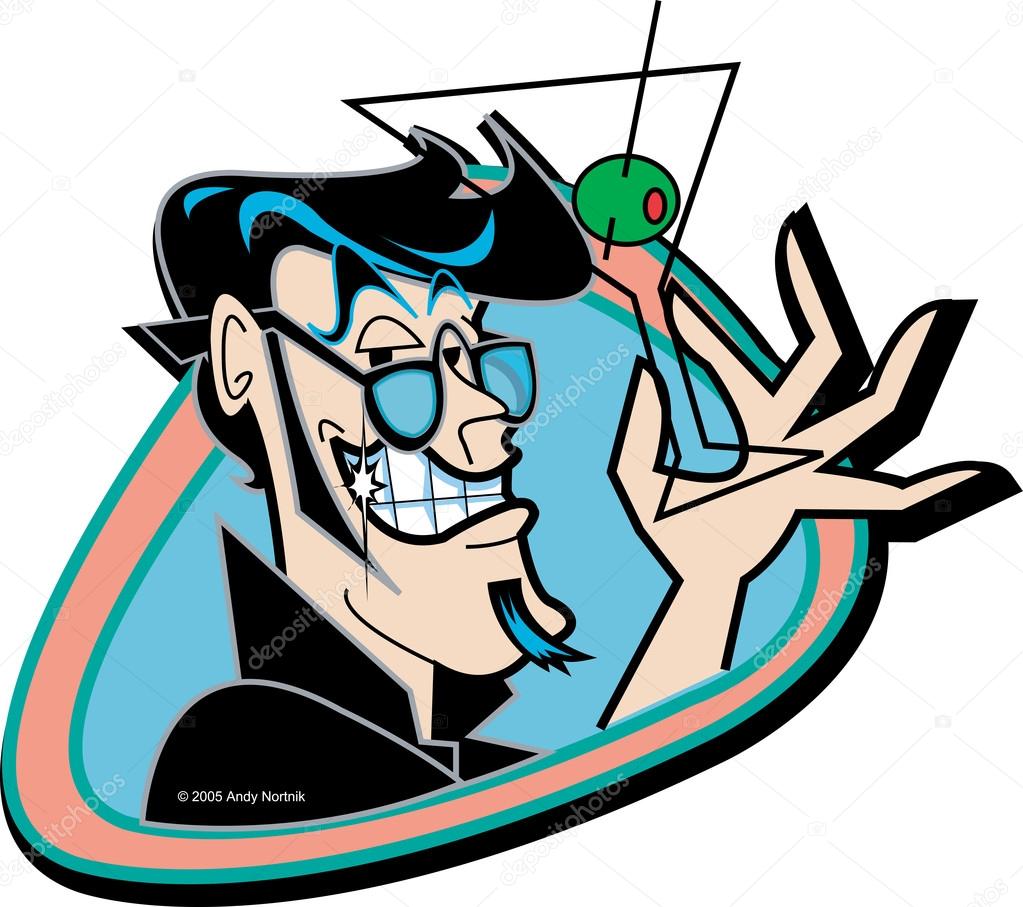 Handsome black haired man grinning and holding up a martini glass with an olive