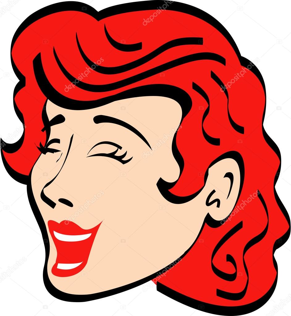 Jolly red haired woman closing her eyes and laughing