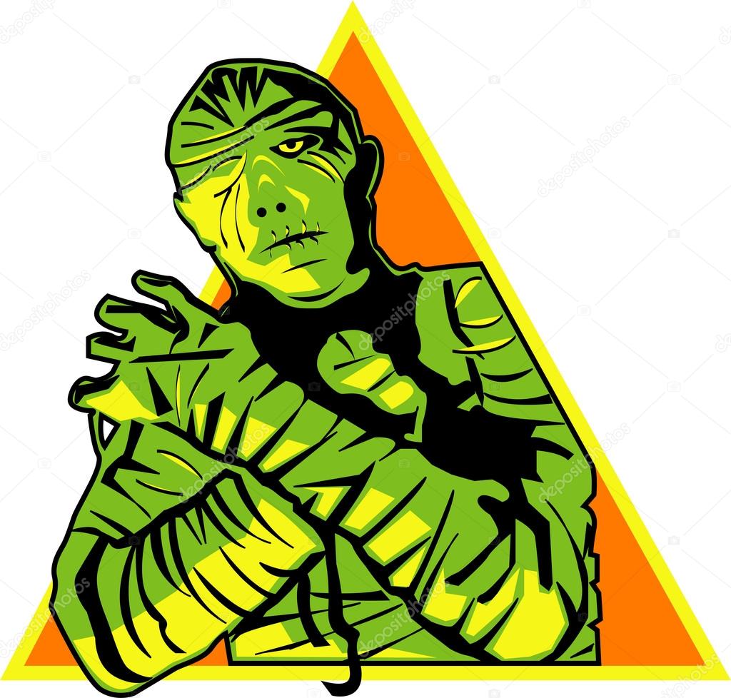 Mummy wrapped up with his arms crossed in front of him and cast in green and yellow lighting over an orange triangle